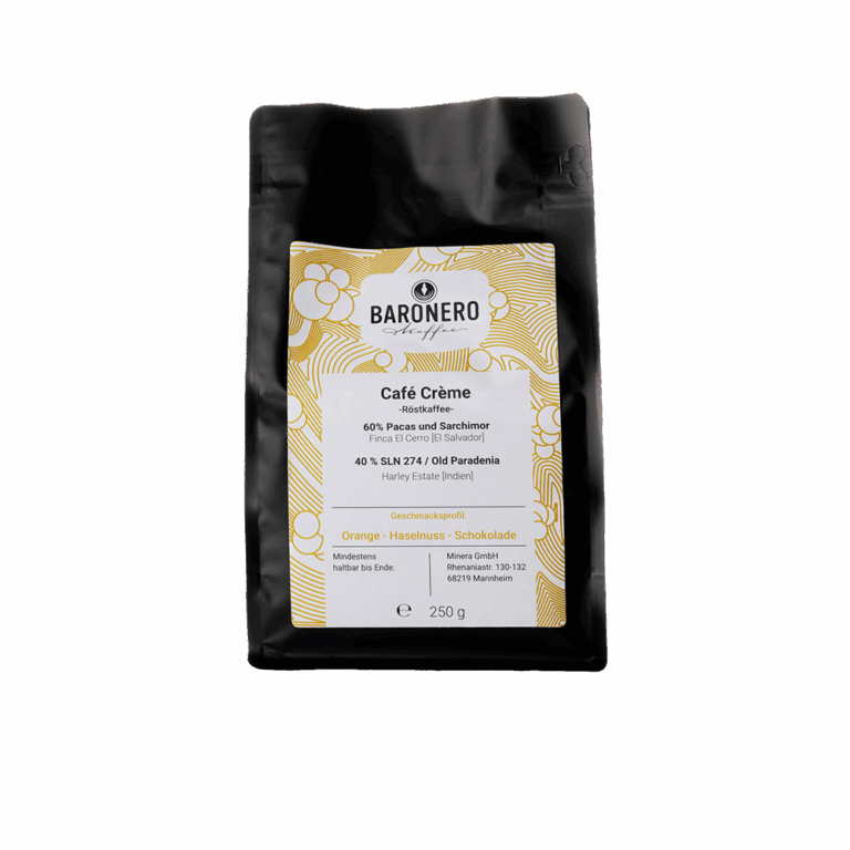 Cafe Creme, 60% Arabica (Pacas und Sarchimor), 40% Sln 274/ Old Pardenia, Aromen von Orange, Haselnuss, Schokolade